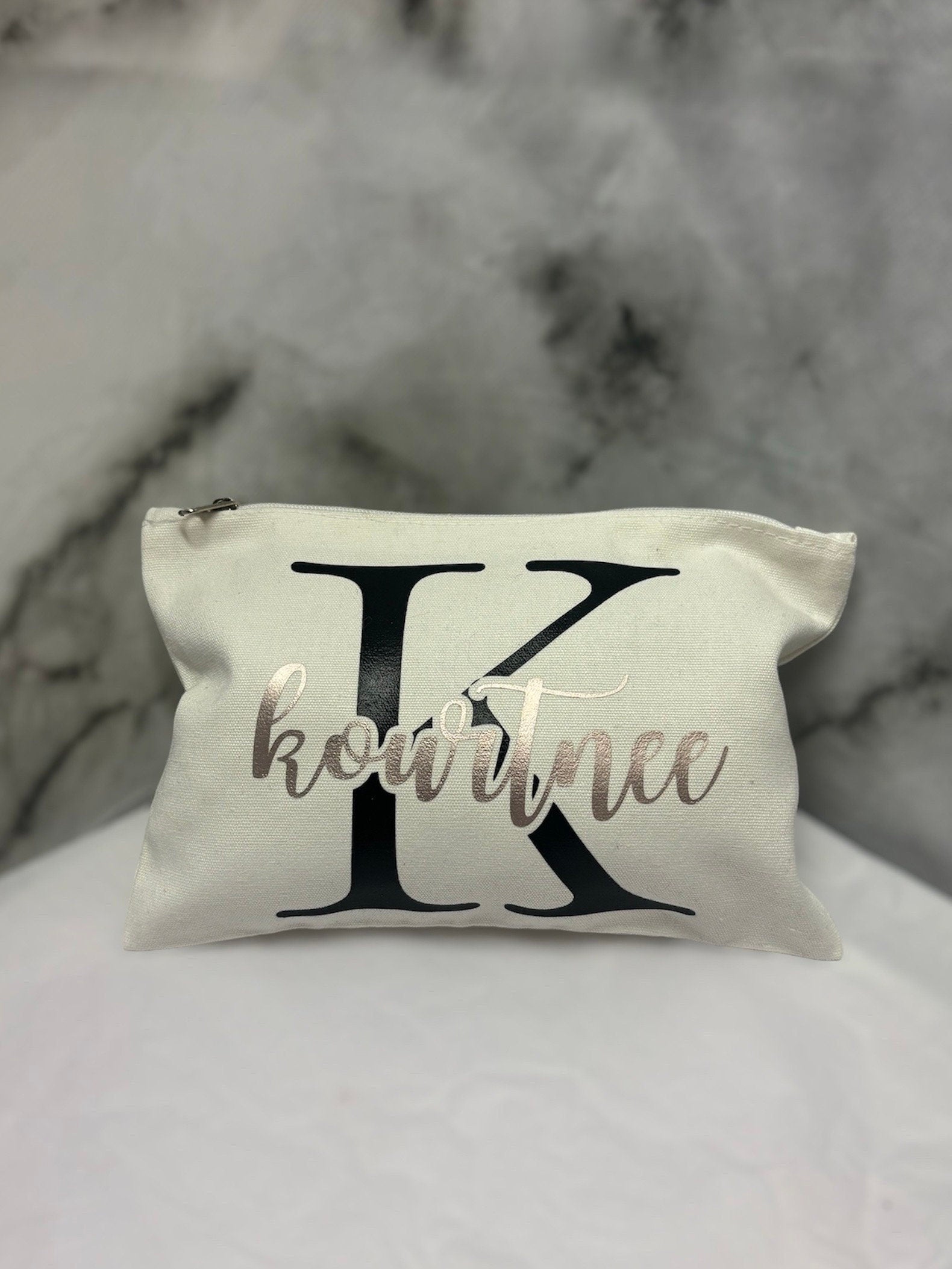 Personalised name and initial canvas zipper pouch